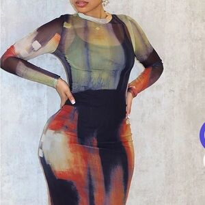 Edge Orange Black Bodycon Dress Mock Neck Sleeveless